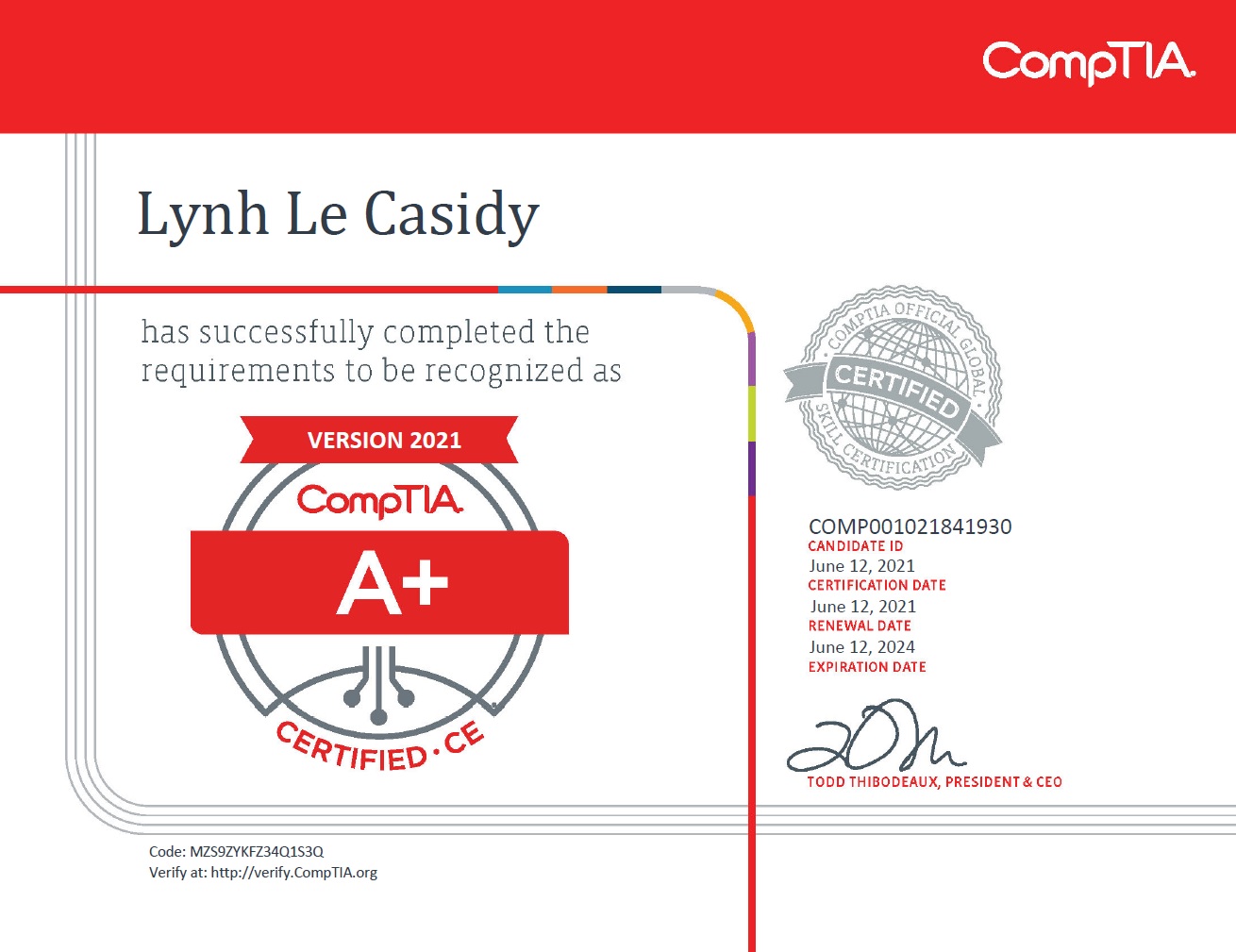 CompTIA A+ certificate