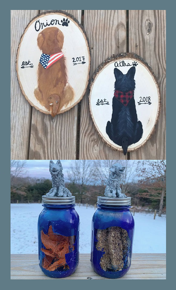 Two leash holders of a golden retriever and german shepherd as the top picture. Two custom dog treat jars as the bottom picture.