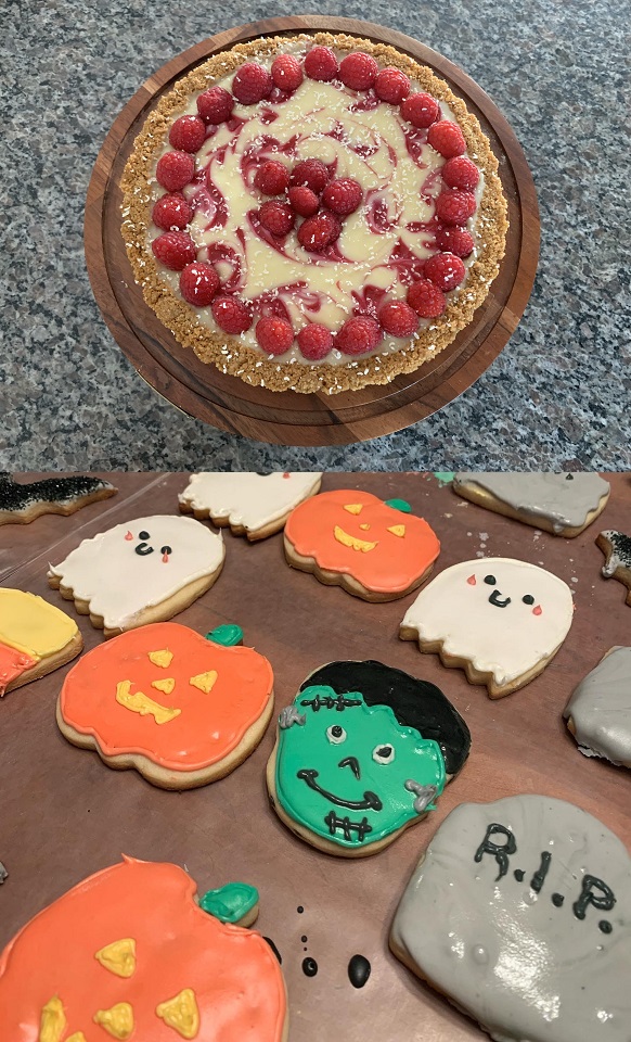 White chocolate raspberry cheesecake as the top picture. Halloween decorated sugar cookies as the bottom picture.